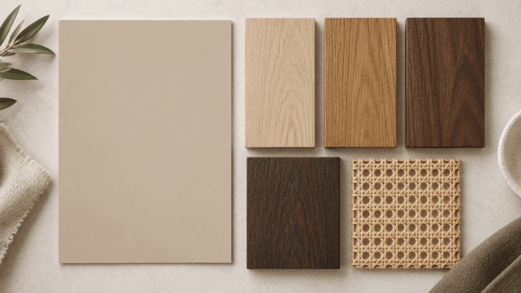 bungalow beige paint card compared with pale oak walnut dark wood honey wood and natural rattan