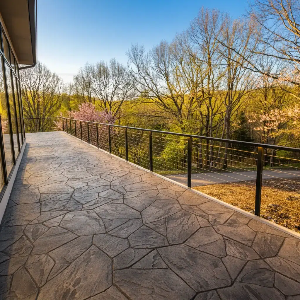 Expansive stone patio with metal railing overlooking lush green trees under clear blue sky