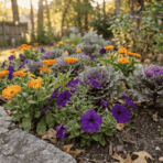 orange calendula, purple petunias, and ornamental kale growing together in a sunny fall garden bed