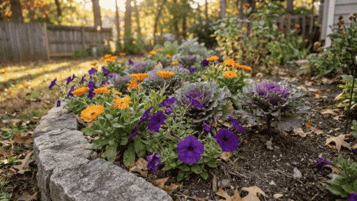 orange calendula, purple petunias, and ornamental kale growing together in a sunny fall garden bed
