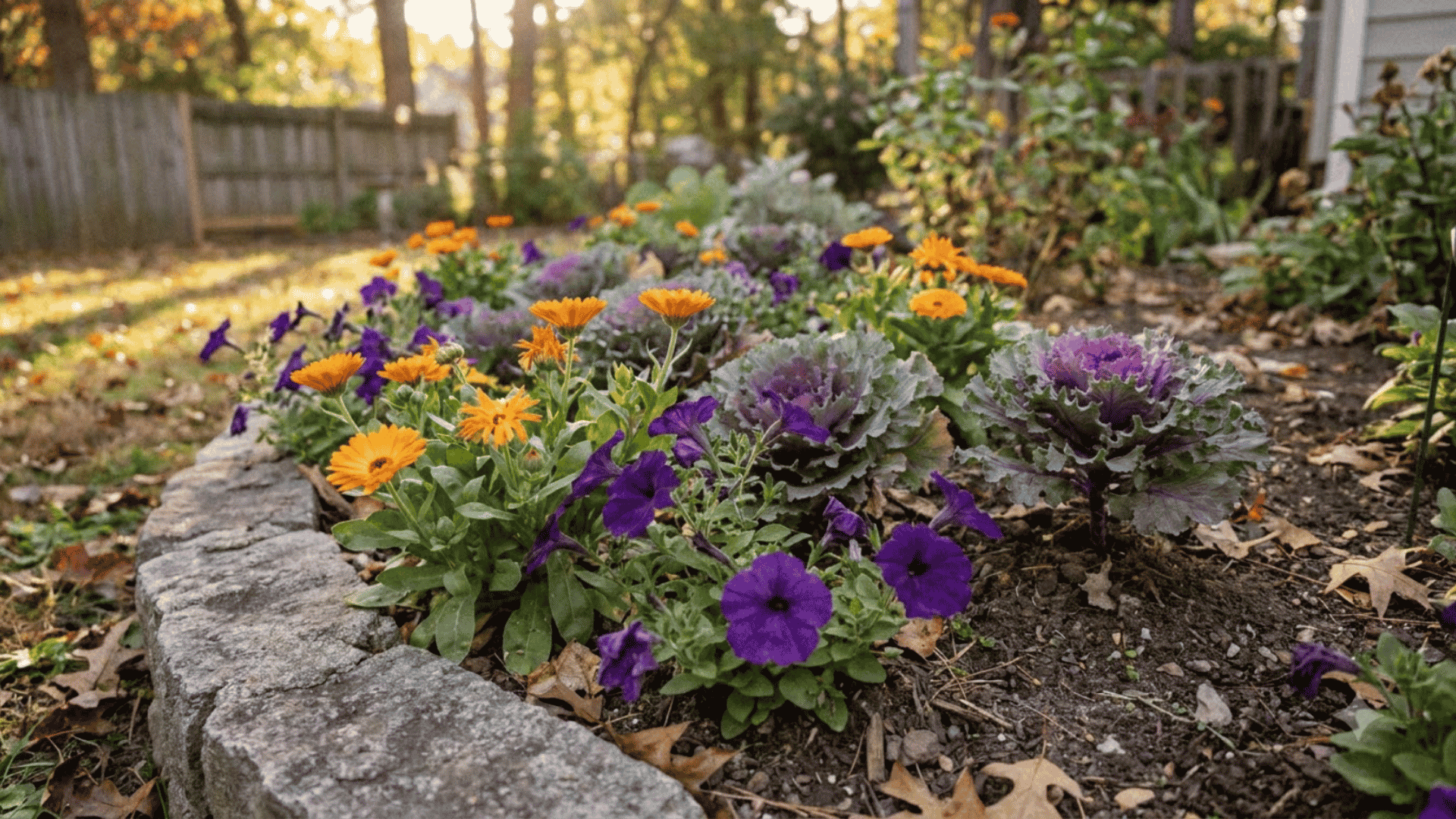 orange calendula, purple petunias, and ornamental kale growing together in a sunny fall garden bed