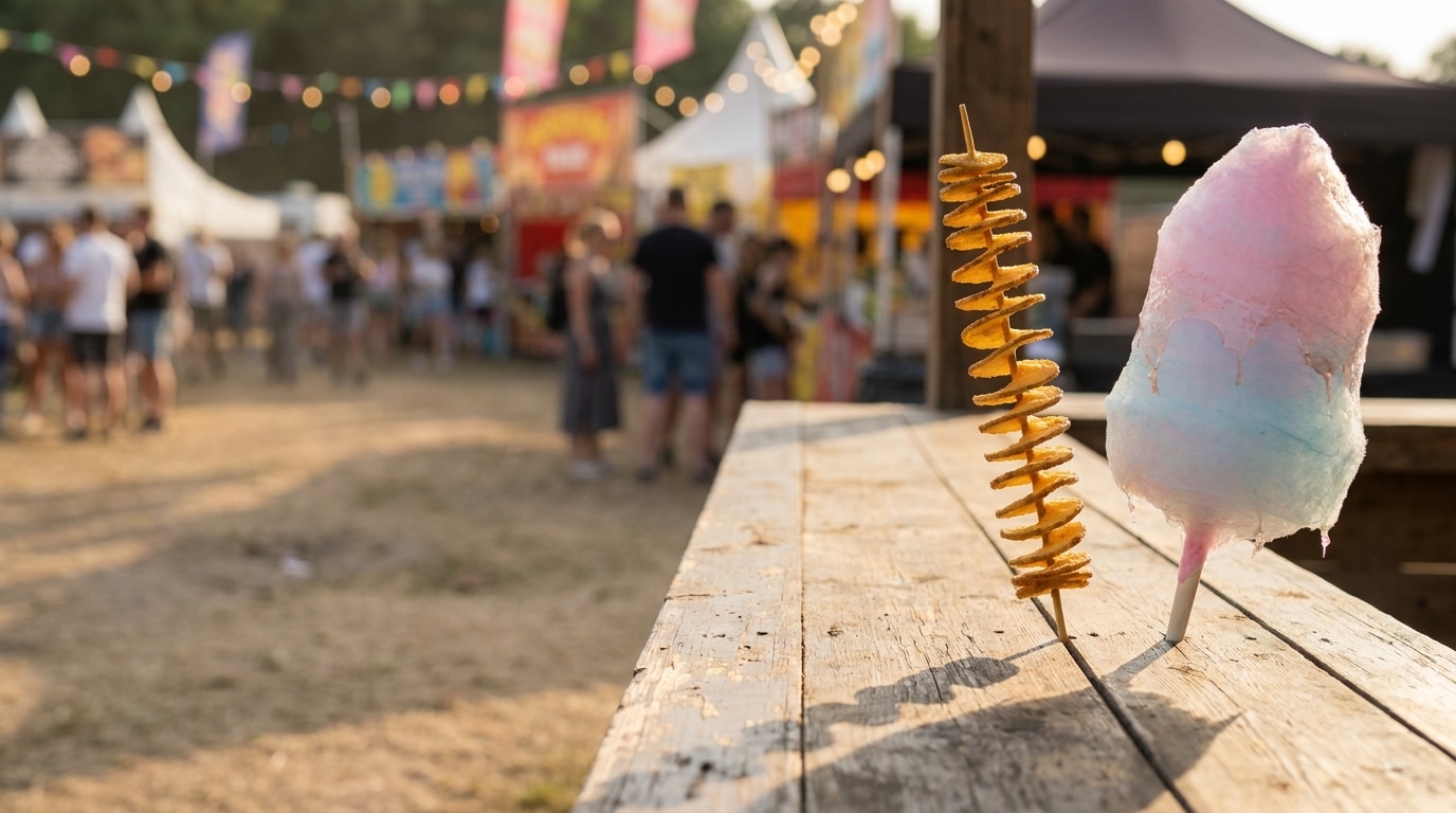 Spiral potato skewer and cotton candy on wooden table at outdoor festival