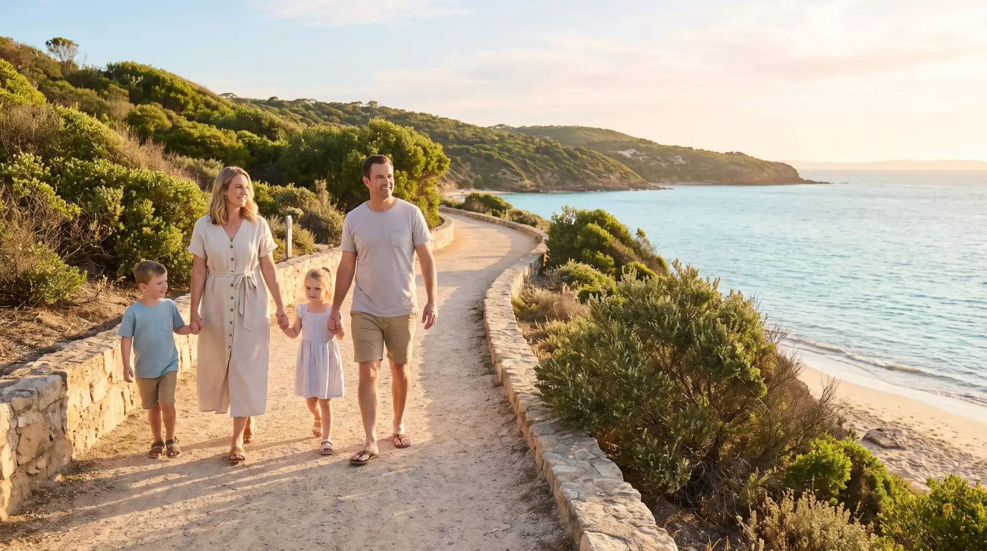 Family walking on scenic coastal path by the beach with lush greenery and ocean view