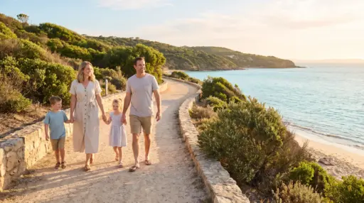 Family walking on scenic coastal path by the beach with lush greenery and ocean view