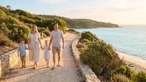Family walking on scenic coastal path by the beach with lush greenery and ocean view