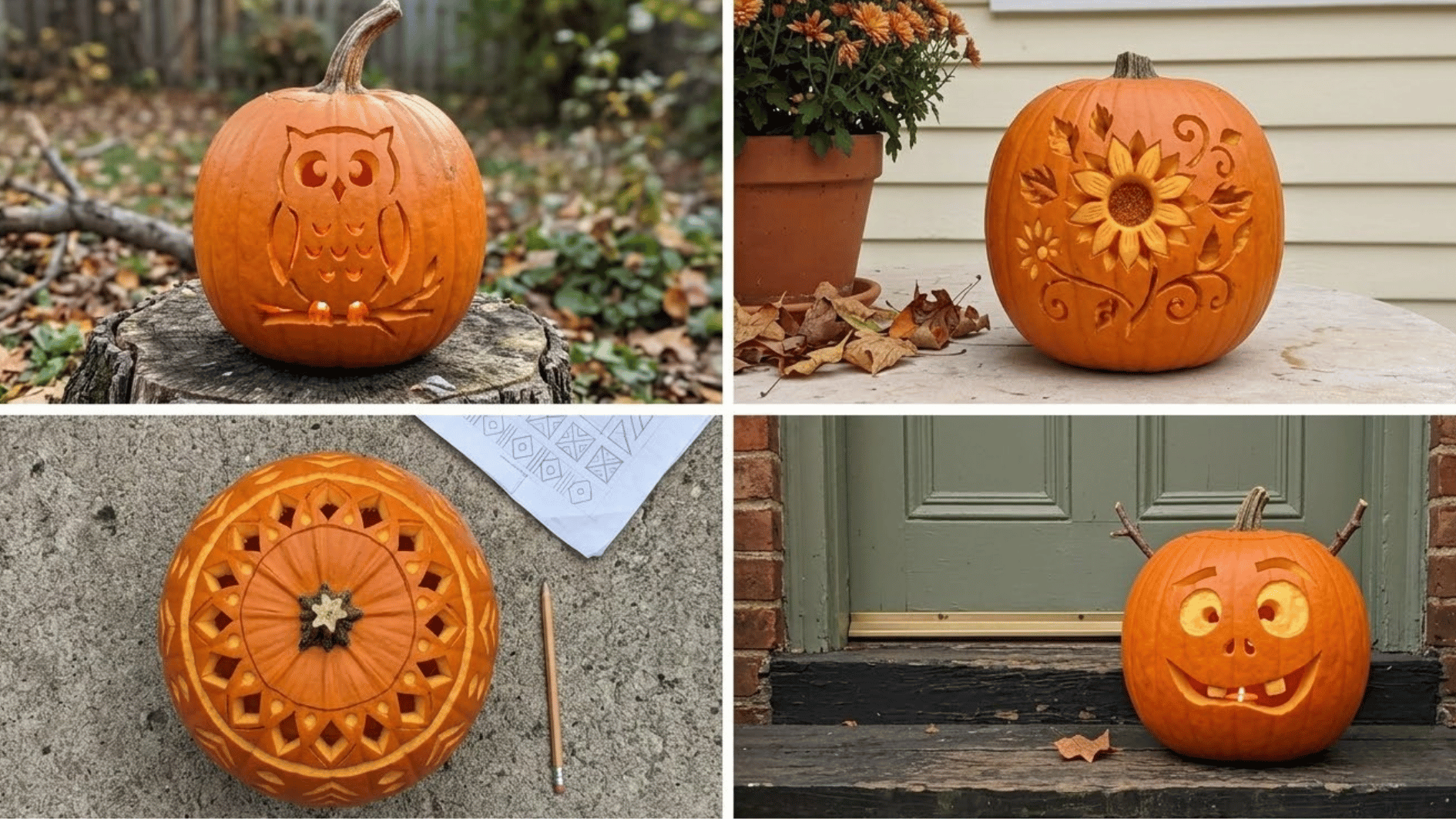 four carved pumpkin designs: owl silhouette, sunflower pattern, geometric mandala, and goofy twig-antler face