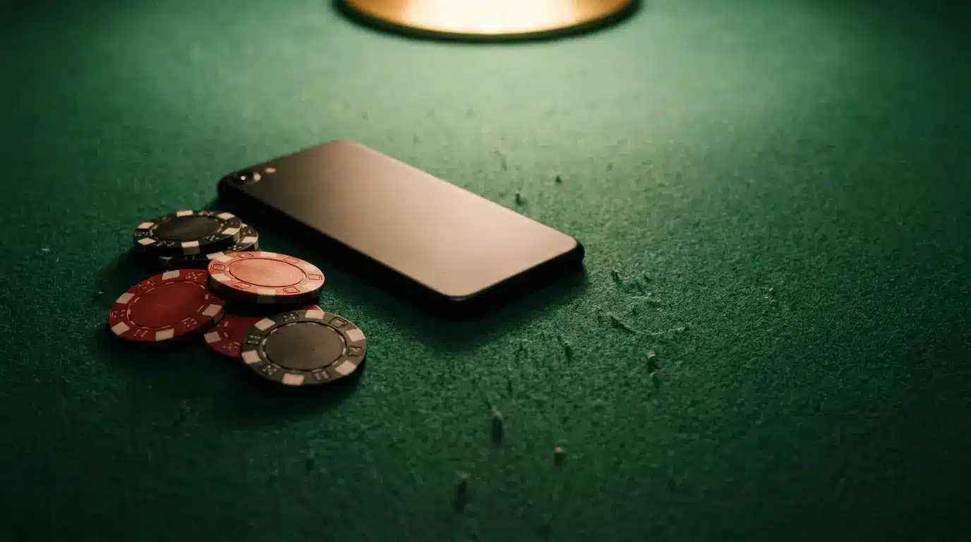 Poker chips and smartphone on green felt surface under warm lighting