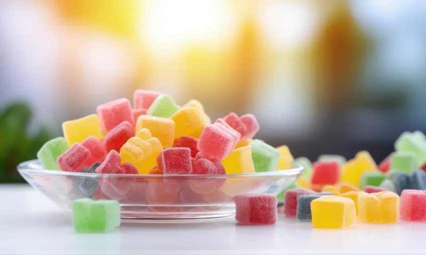 Colorful gummy candies piled in glass dish with blurred bright background