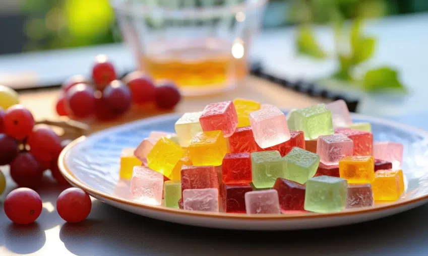 Glistening fruit gummies arranged on a plate with red grapes and glass jar in bright setting