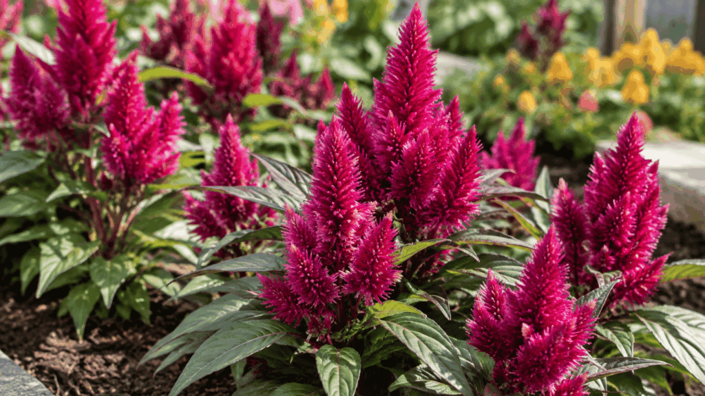 bright magenta celosia flowers growing in a sunny fall garden bed with green leaves and soft background blooms
