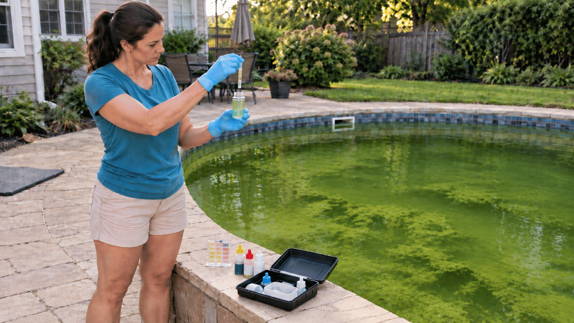 woman testing cloudy pool water with a home test kit before treating an algae problem