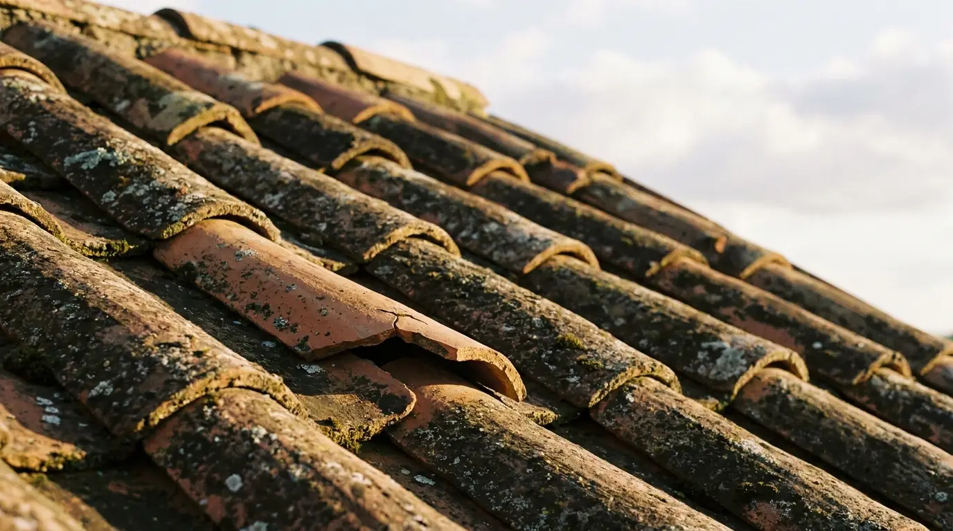 Weathered terracotta roof tiles with moss in soft daylight