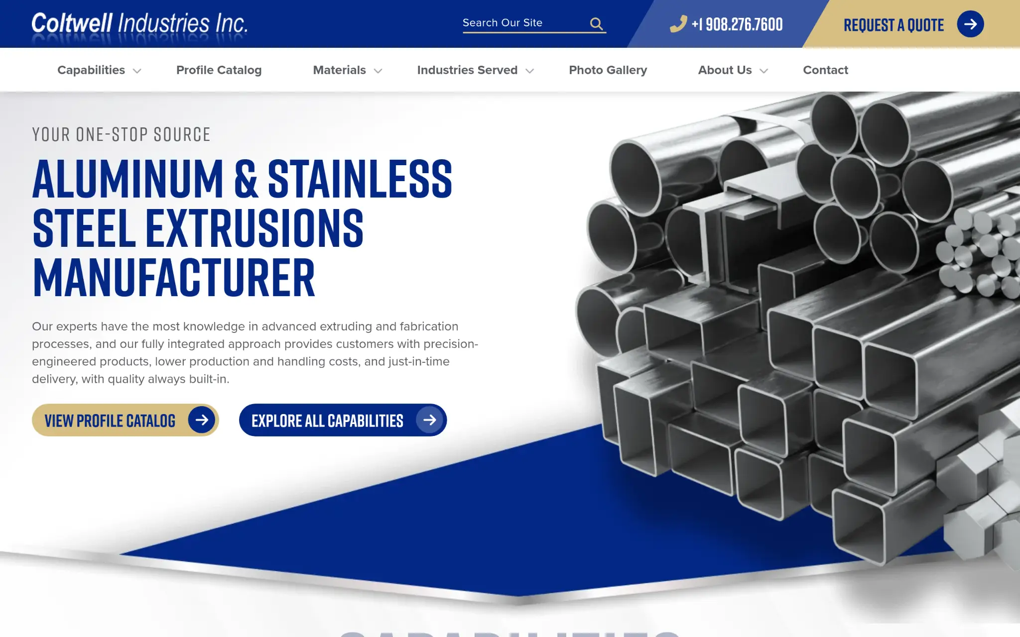 Stack of aluminum and stainless steel extrusions on white background