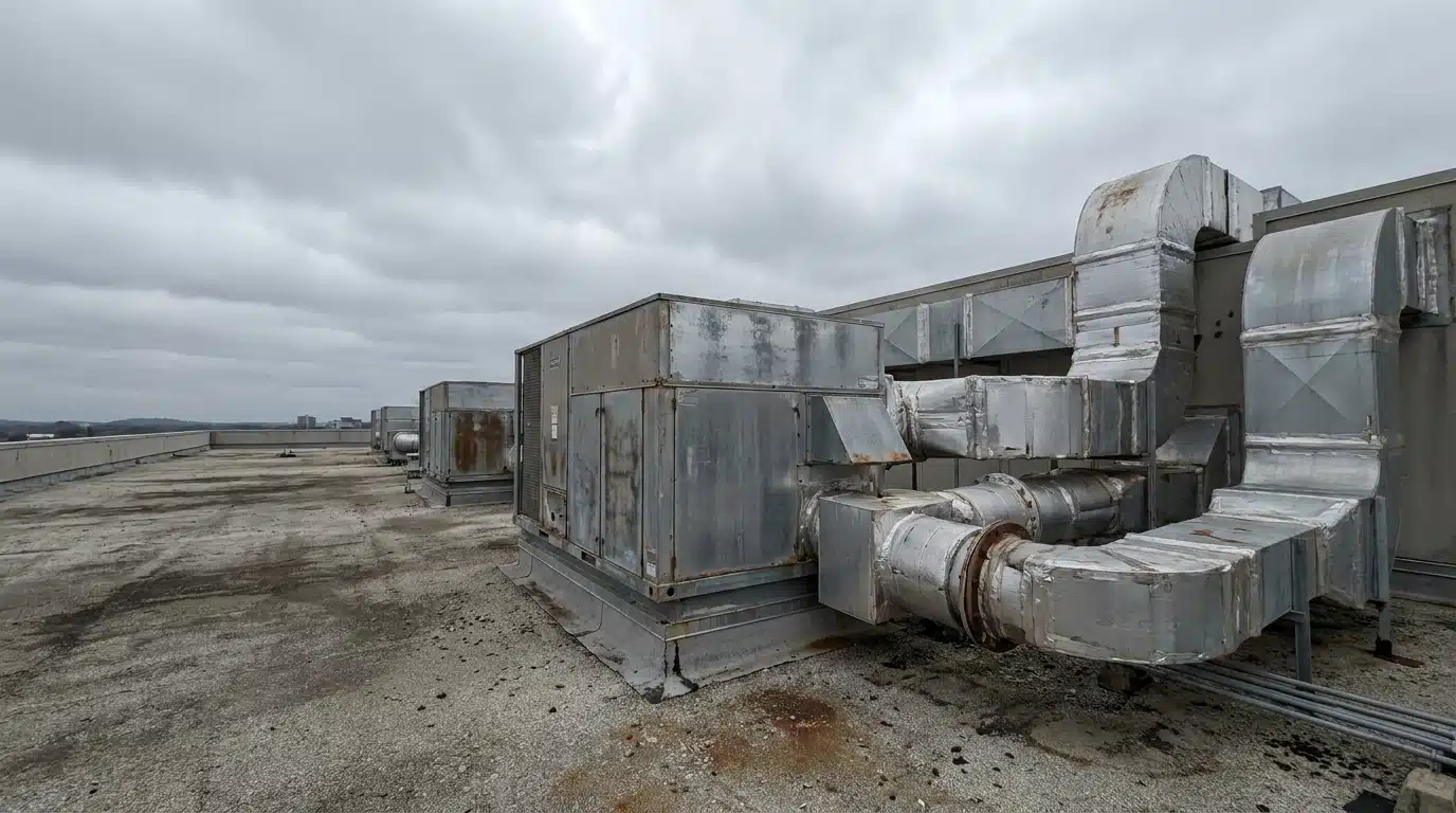 Industrial rooftop air conditioning units under cloudy sky