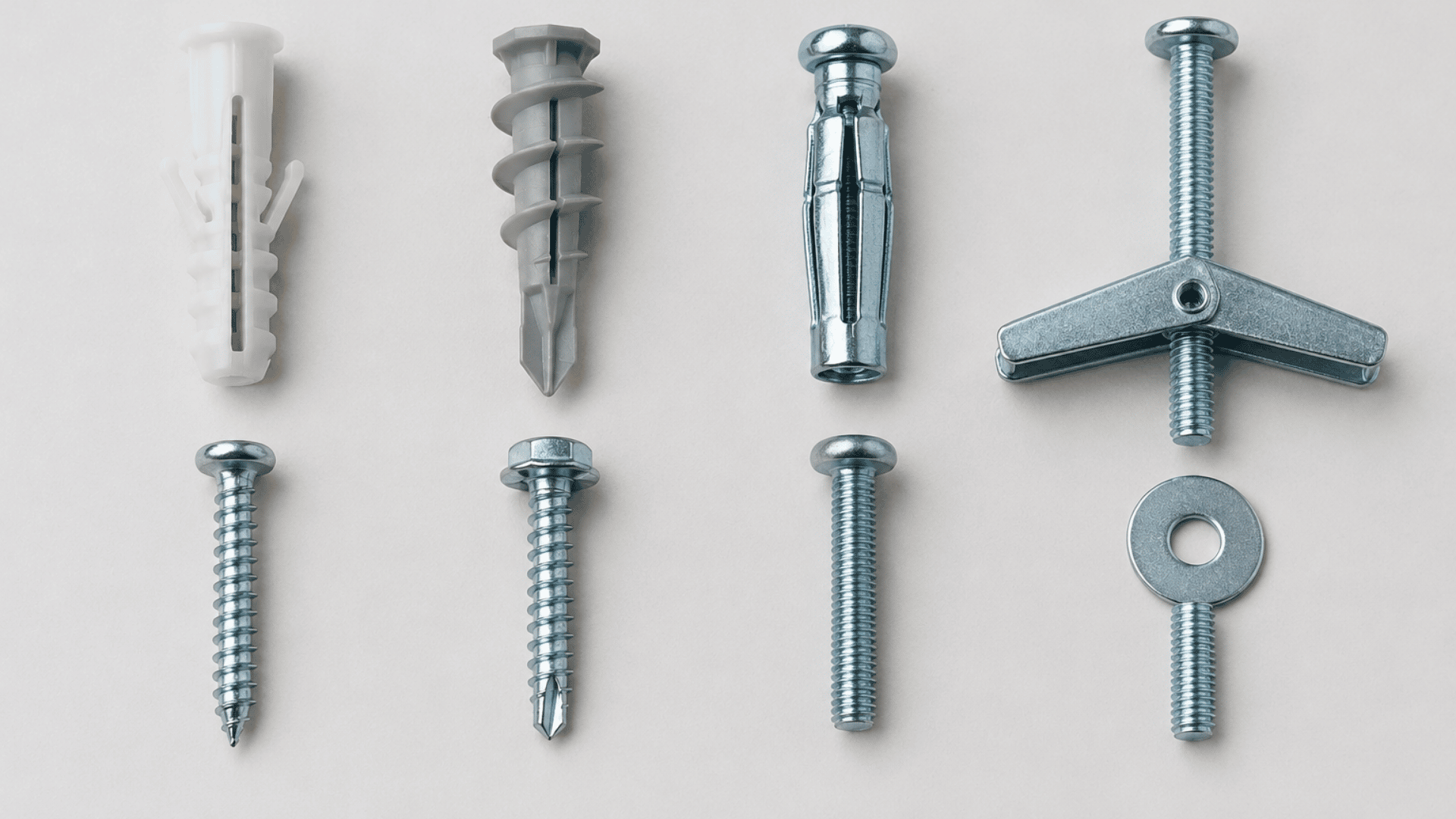 four common drywall anchors including plastic expansion self drilling molly bolt and toggle bolt