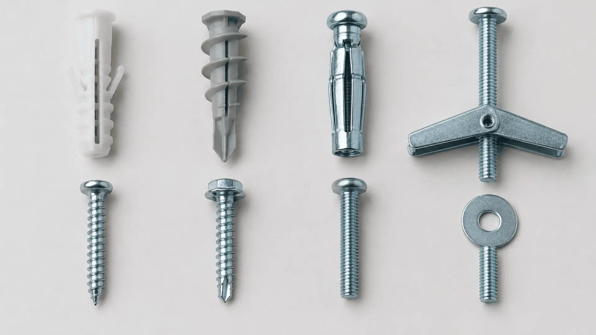 four common drywall anchors including plastic expansion self drilling molly bolt and toggle bolt
