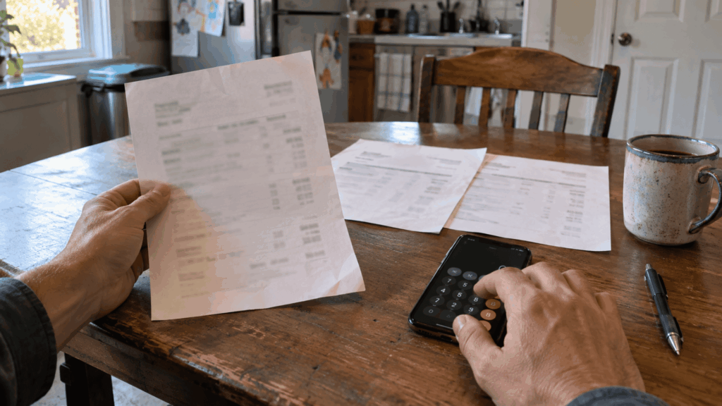 homeowner comparing three roof-cleaning estimates with roof photos, measurements, and a calculator
