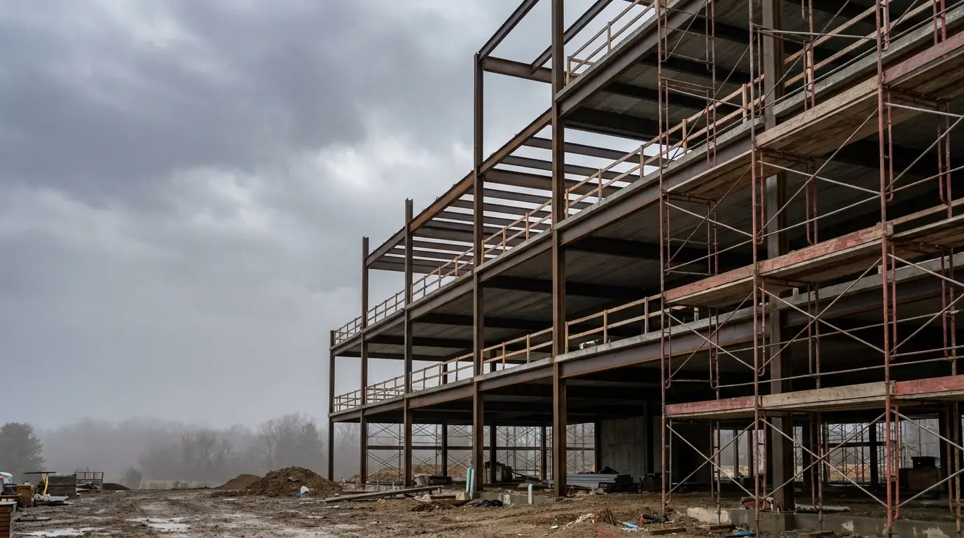 Steel framework of a multistory building under construction against a cloudy sky