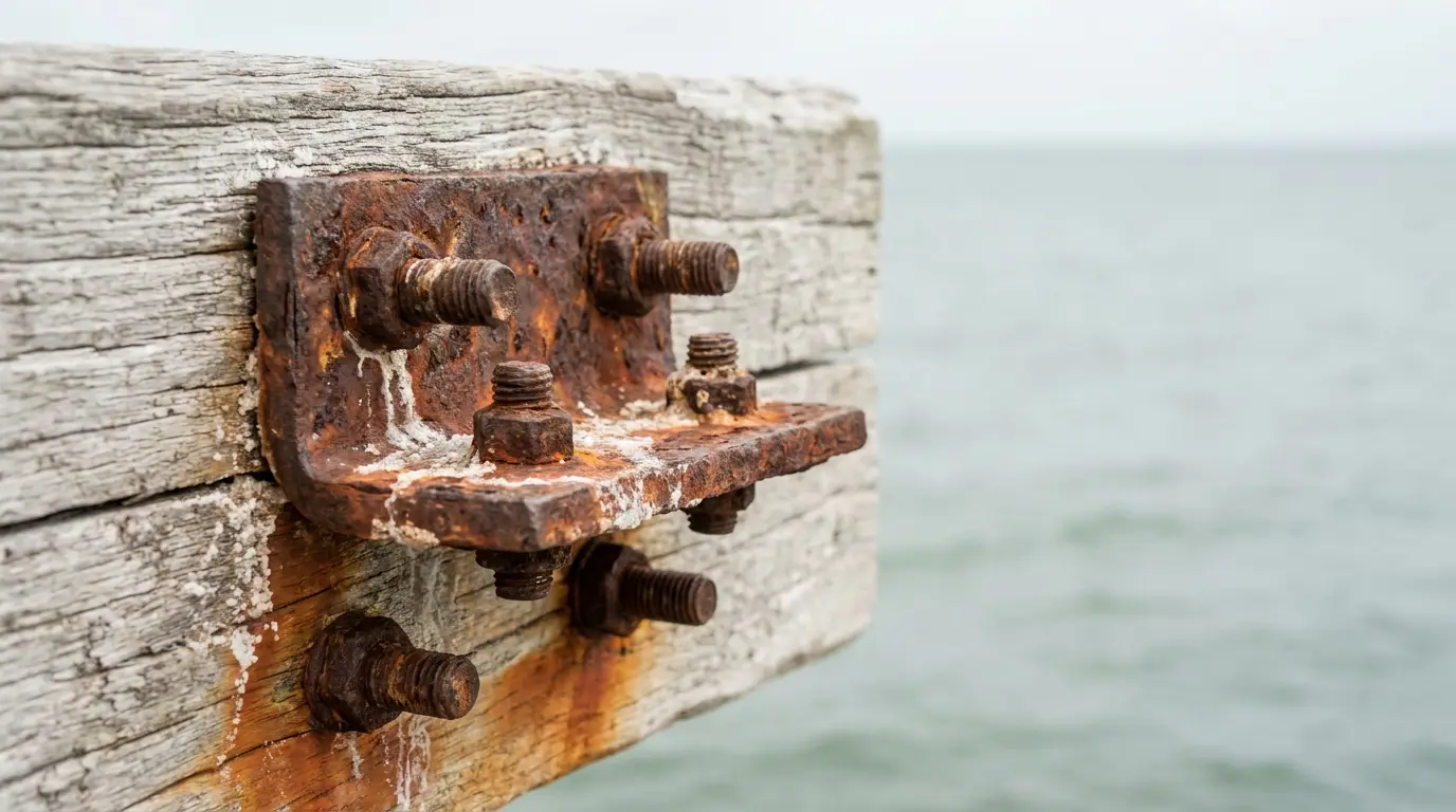 Rusty metal bolts on weathered wooden beam over ocean background