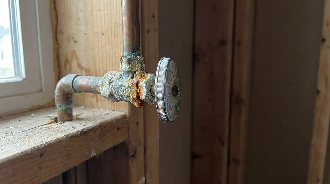 Rusty valve pipe attached to wooden wall in dimly lit unfinished room