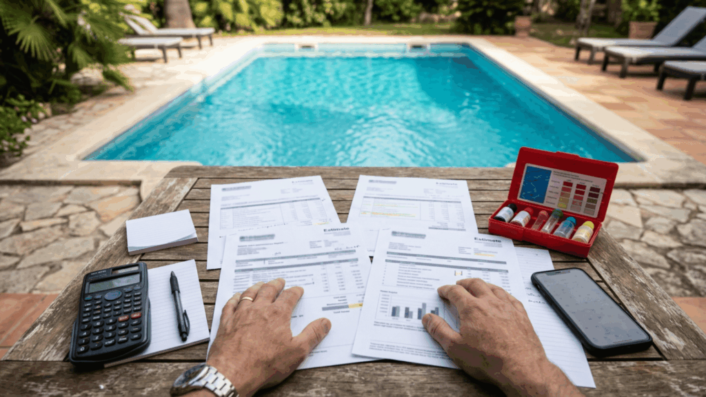 homeowner comparing pool service estimates with a calculator while planning maintenance expenses