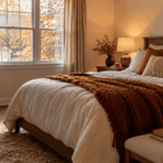 cozy fall aesthetic bedroom with cream bedding, rust knit throw, warm lamp, wood furniture, and autumn leaves