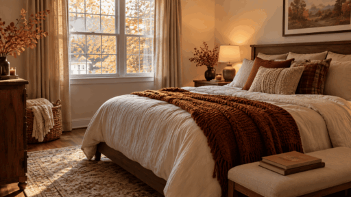 cozy fall aesthetic bedroom with cream bedding, rust knit throw, warm lamp, wood furniture, and autumn leaves
