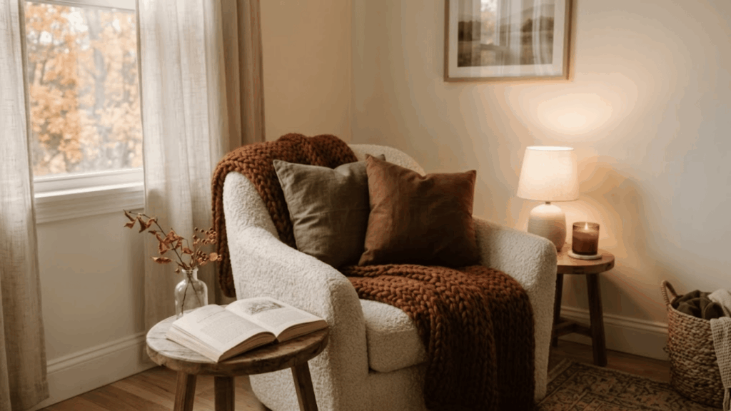 cozy fall reading corner with cream chair, brown knit blanket, warm lamp, candle, and autumn leaves outside