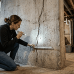 homeowner inspecting a visible crack in basement wall to check for possible foundation movement
