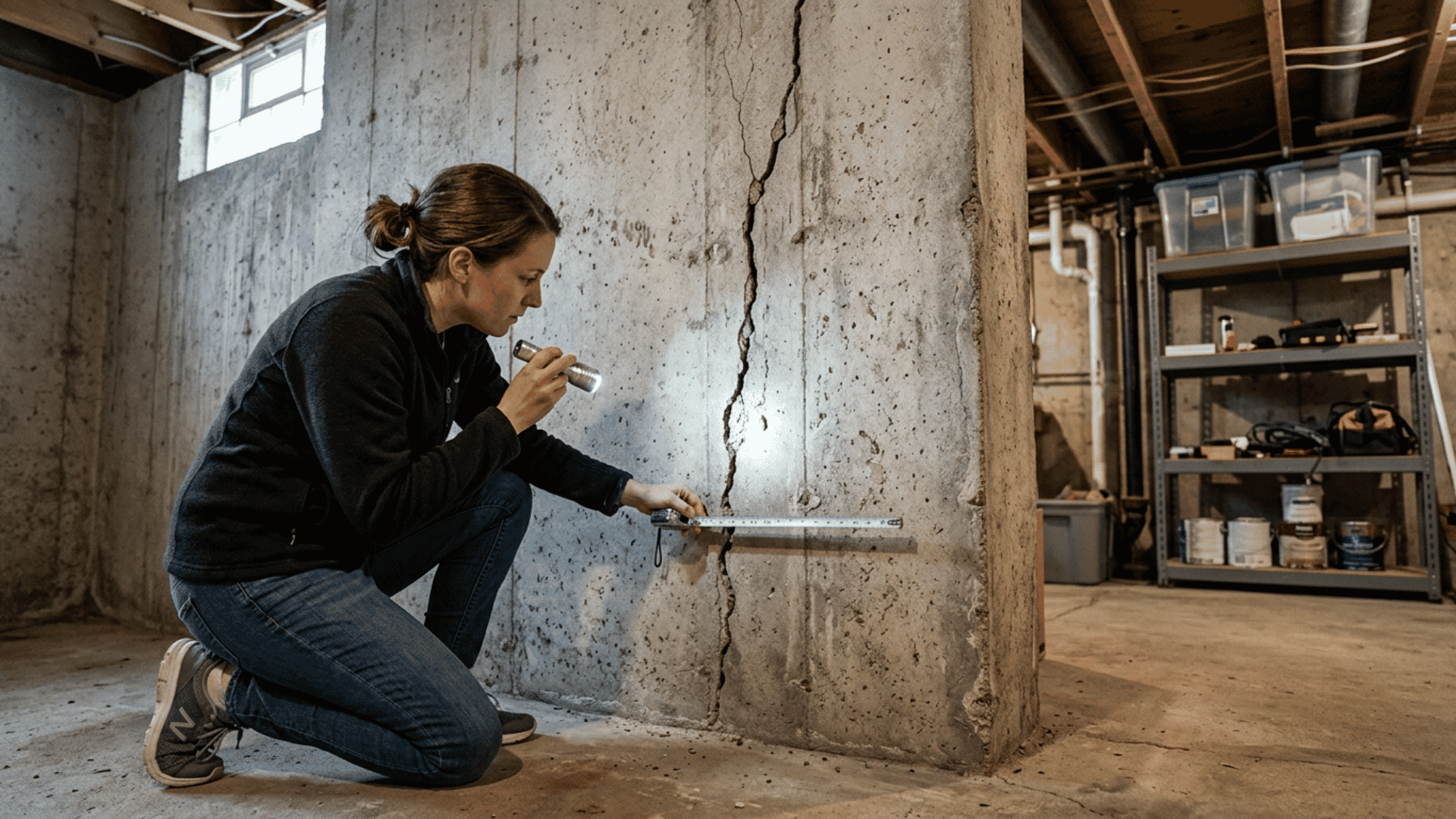 homeowner inspecting a visible crack in basement wall to check for possible foundation movement