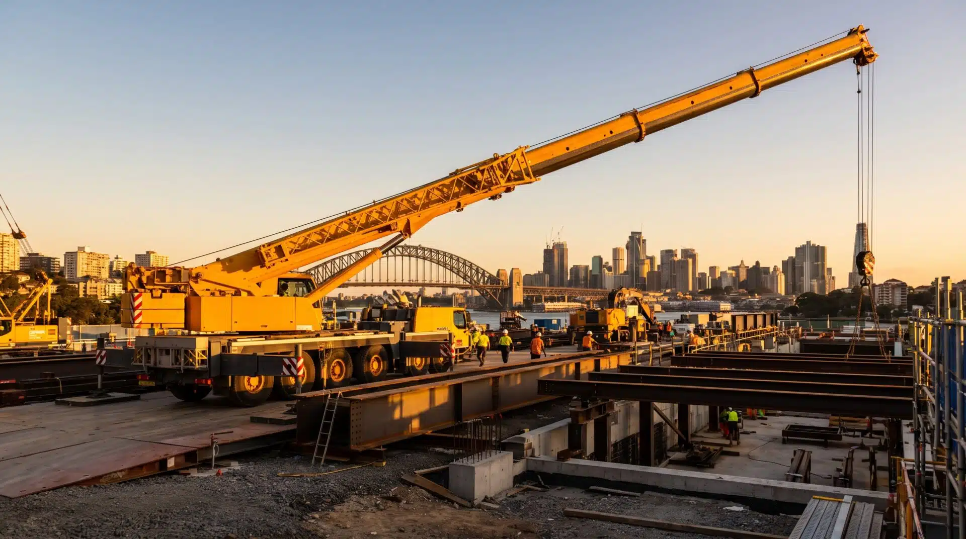 Construction site with large yellow crane and workers against city skyline at sunset