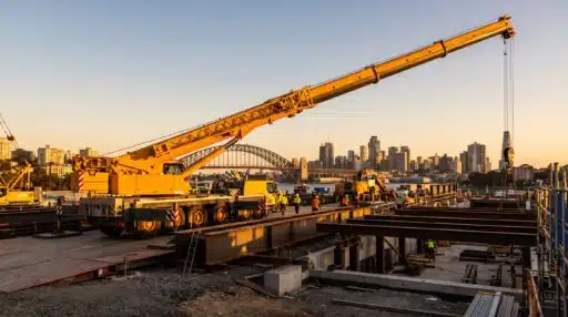 Construction site with large yellow crane and workers against city skyline at sunset
