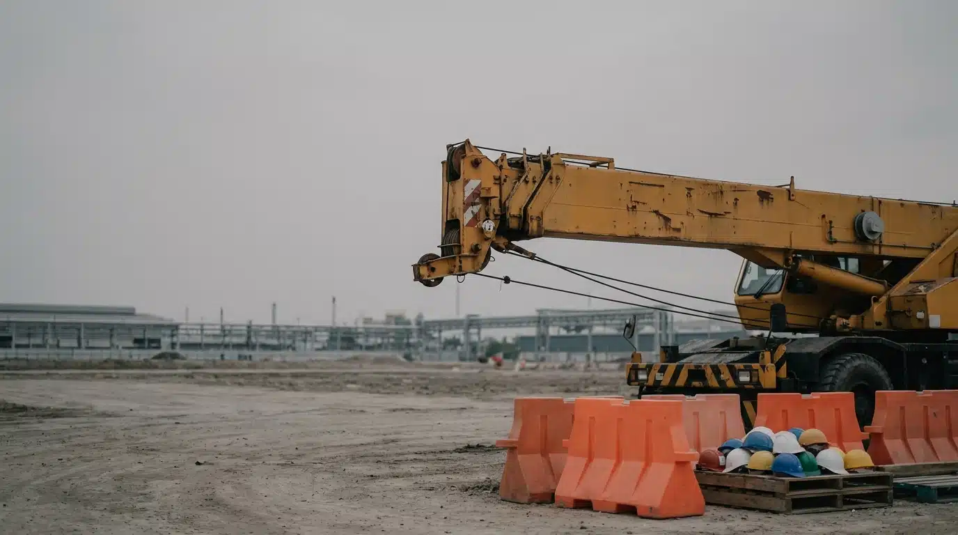 Yellow crane and construction barriers on dirt site with scattered hard hats