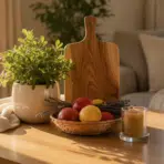 Plant, wooden cutting board, and fruit basket on sunlit wooden table in cozy living room