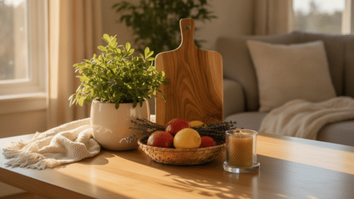 Plant, wooden cutting board, and fruit basket on sunlit wooden table in cozy living room