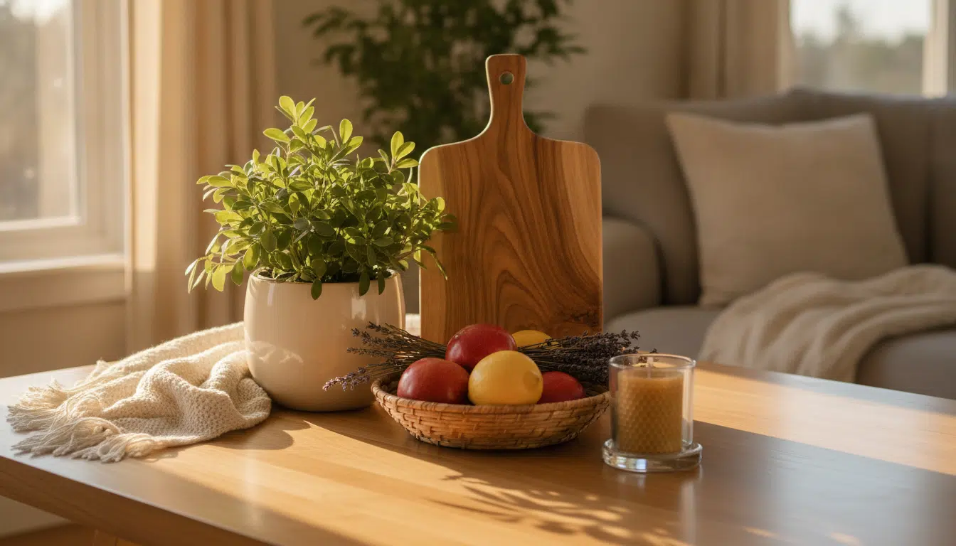 Plant, wooden cutting board, and fruit basket on sunlit wooden table in cozy living room