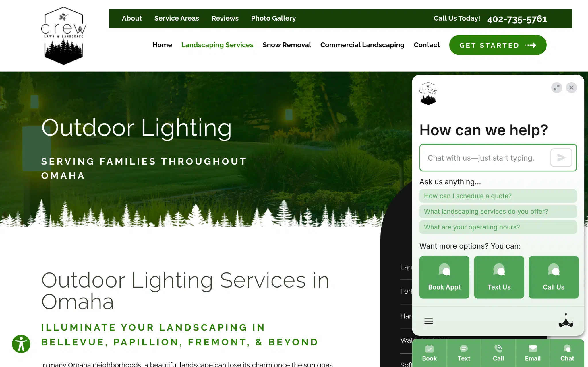 Website homepage showcasing landscaping services with a chat support pop-up over a greenery background