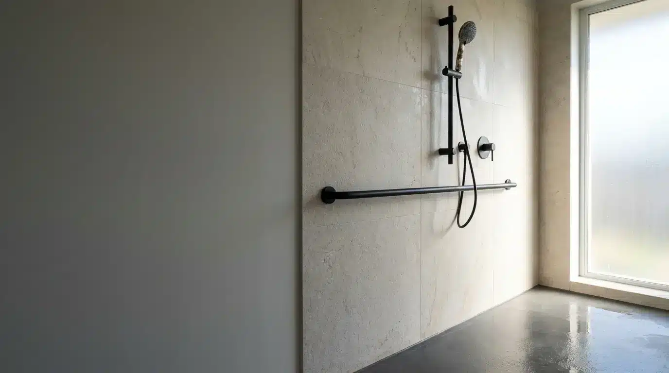Walk-in shower with beige tile walls, black showerhead, and grab bar near frosted window