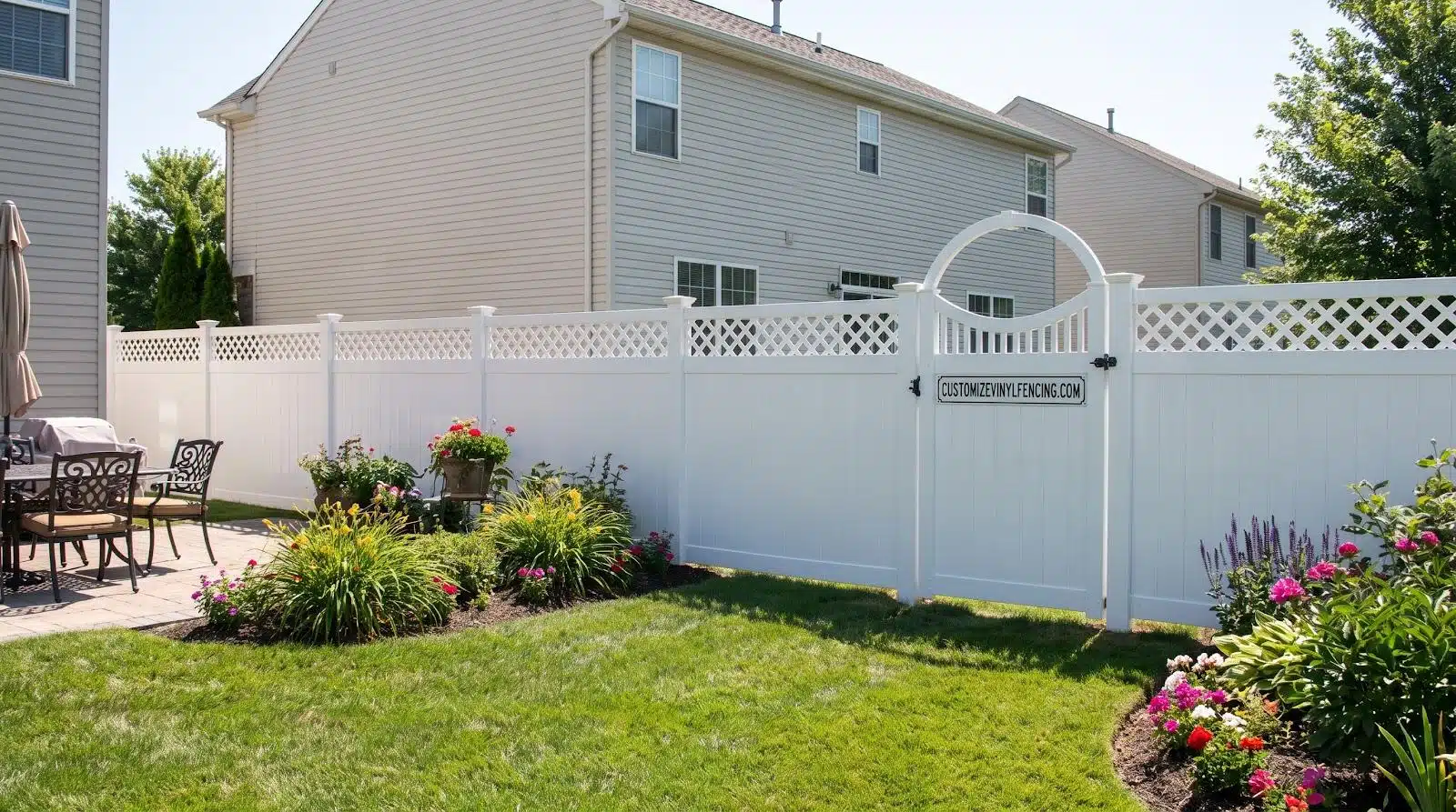 White vinyl fence surrounding backyard garden with patio furniture and colorful flowers in sunlight
