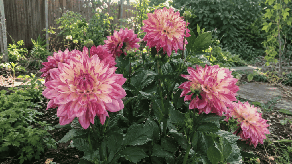 pink and cream dinner-plate dahlia blooms with dark green foliage