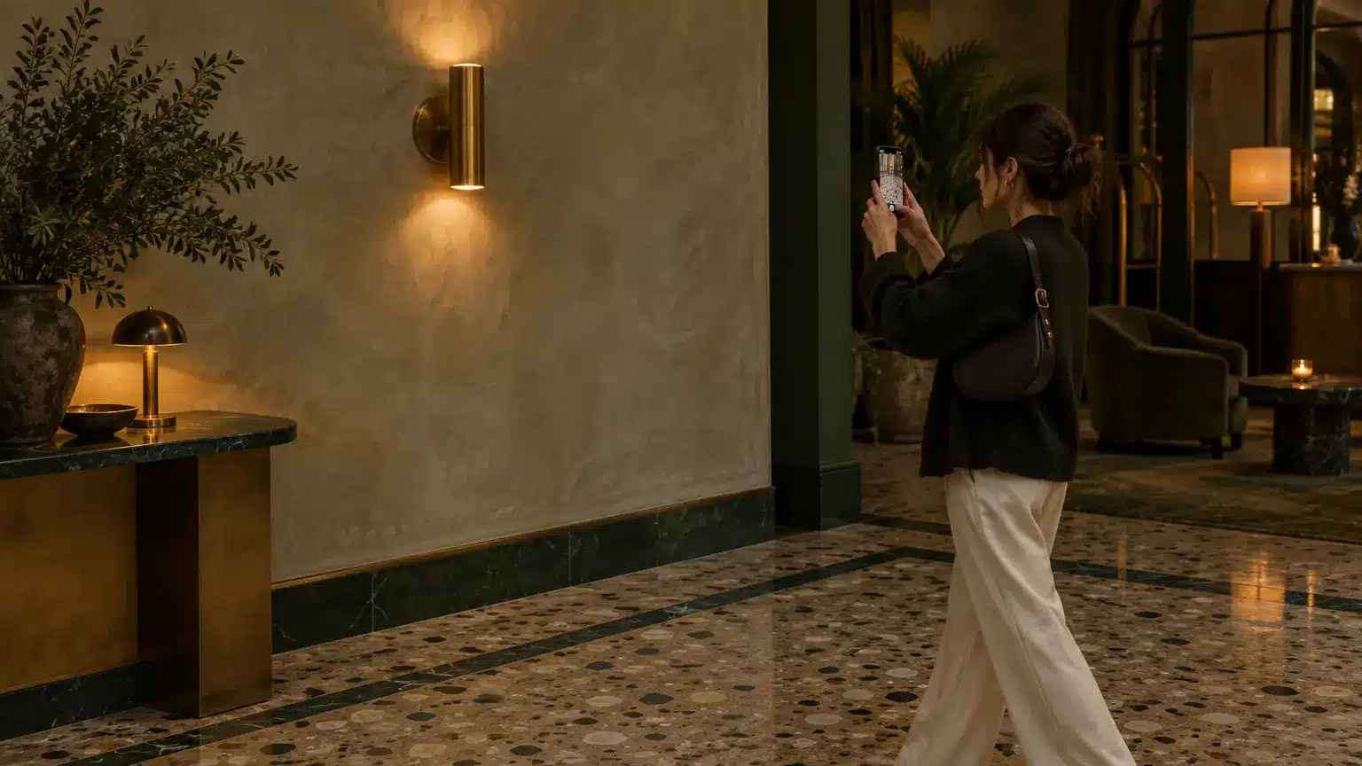 Woman taking photo in elegant hotel lobby with marble flooring and warm lighting