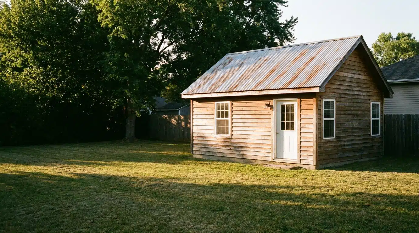 Wooden garden shed with corrugated metal roof on a grassy yard surrounded by trees