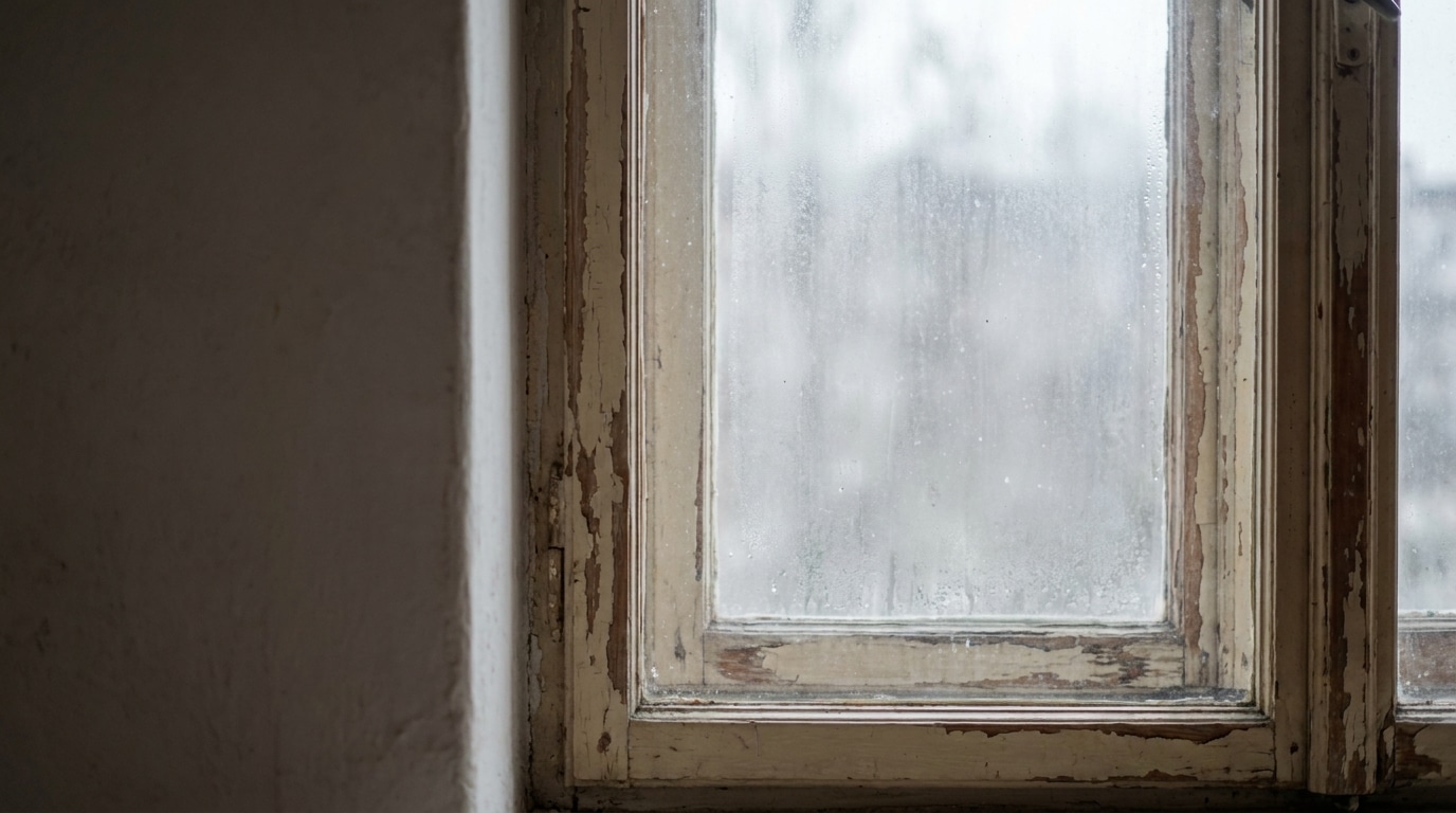 Close-up of an old wooden window frame with peeling paint and frosted glass