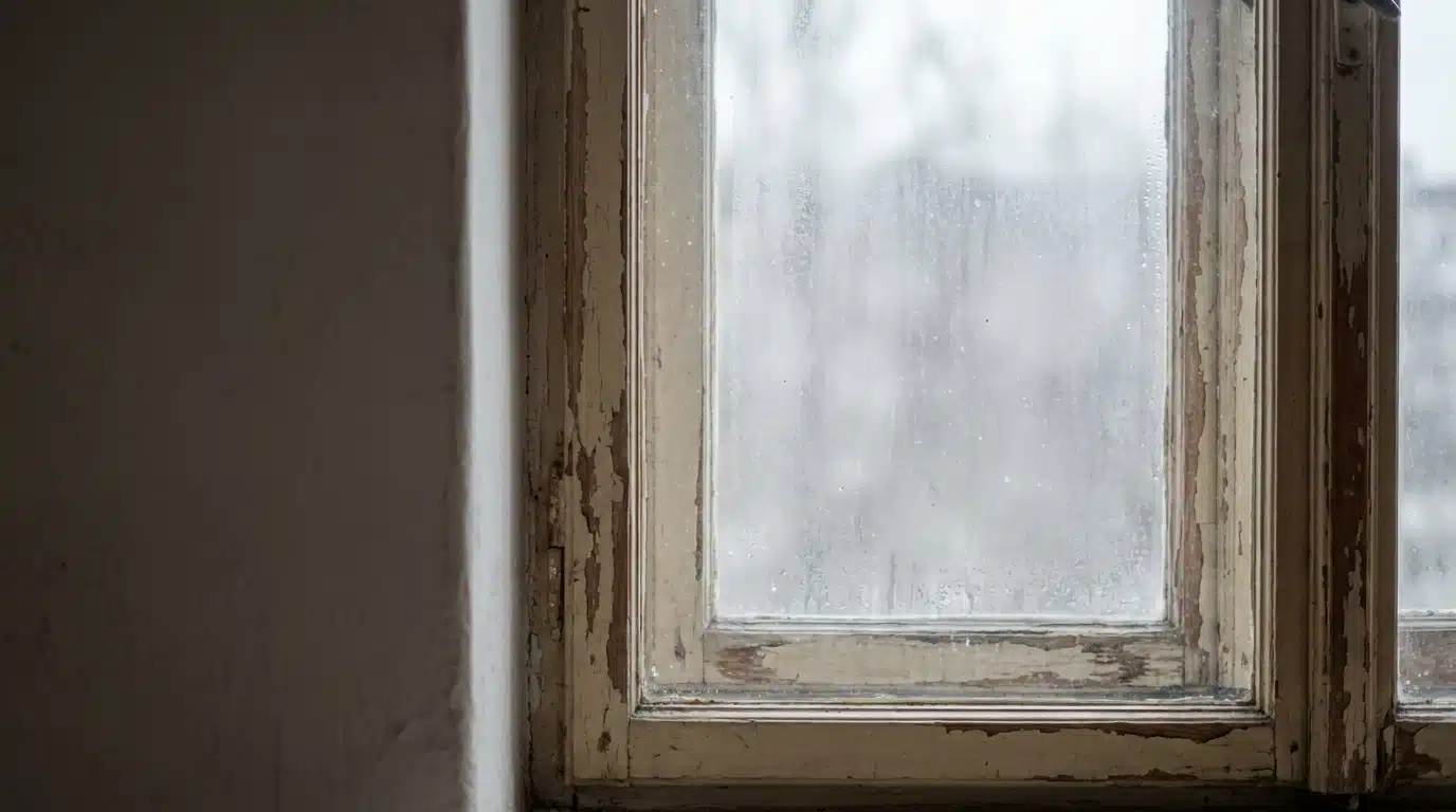 Close-up of an old wooden window frame with peeling paint and frosted glass