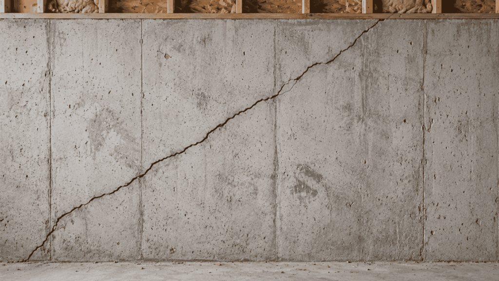 diagonal crack across a poured concrete basement wall suggesting uneven foundation settlement