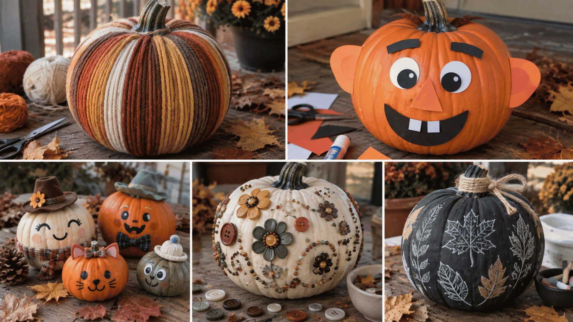 five diy pumpkins decorated with yarn, paper faces, character details, buttons, beads, and chalk designs
