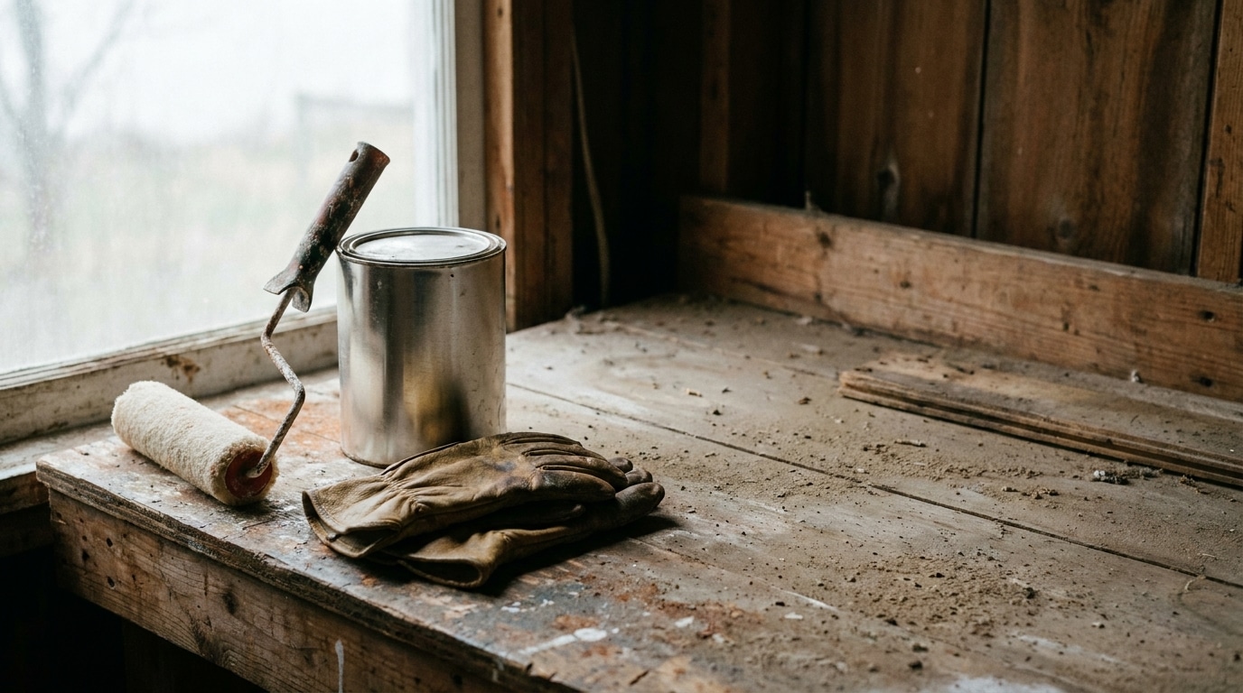 Paint can and roller on dusty wooden workbench in rustic workshop setting