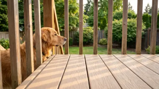 Golden retriever looking through wooden railing on sunlit backyard deck
