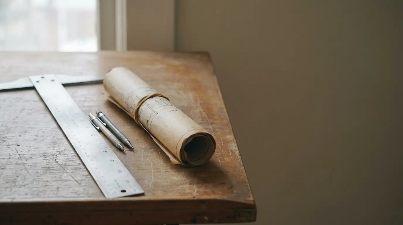 Rolled architectural blueprint, metal ruler, and pens on wooden drafting table in soft lighting
