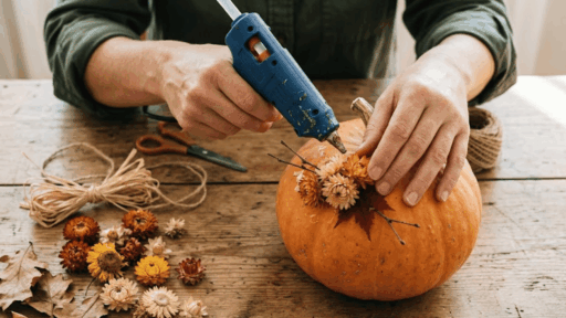 Hands using a glue gun to decorate a pumpkin with dried flowers, leaves, and simple fall craft details